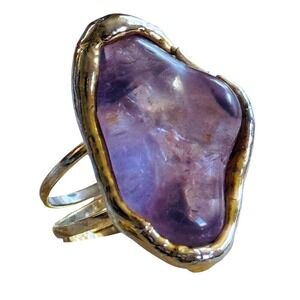 Amethyst Stone Brutalist Brass Cocktail Ring Mod BOHO Resizable Chunky Y2K Sz6.5